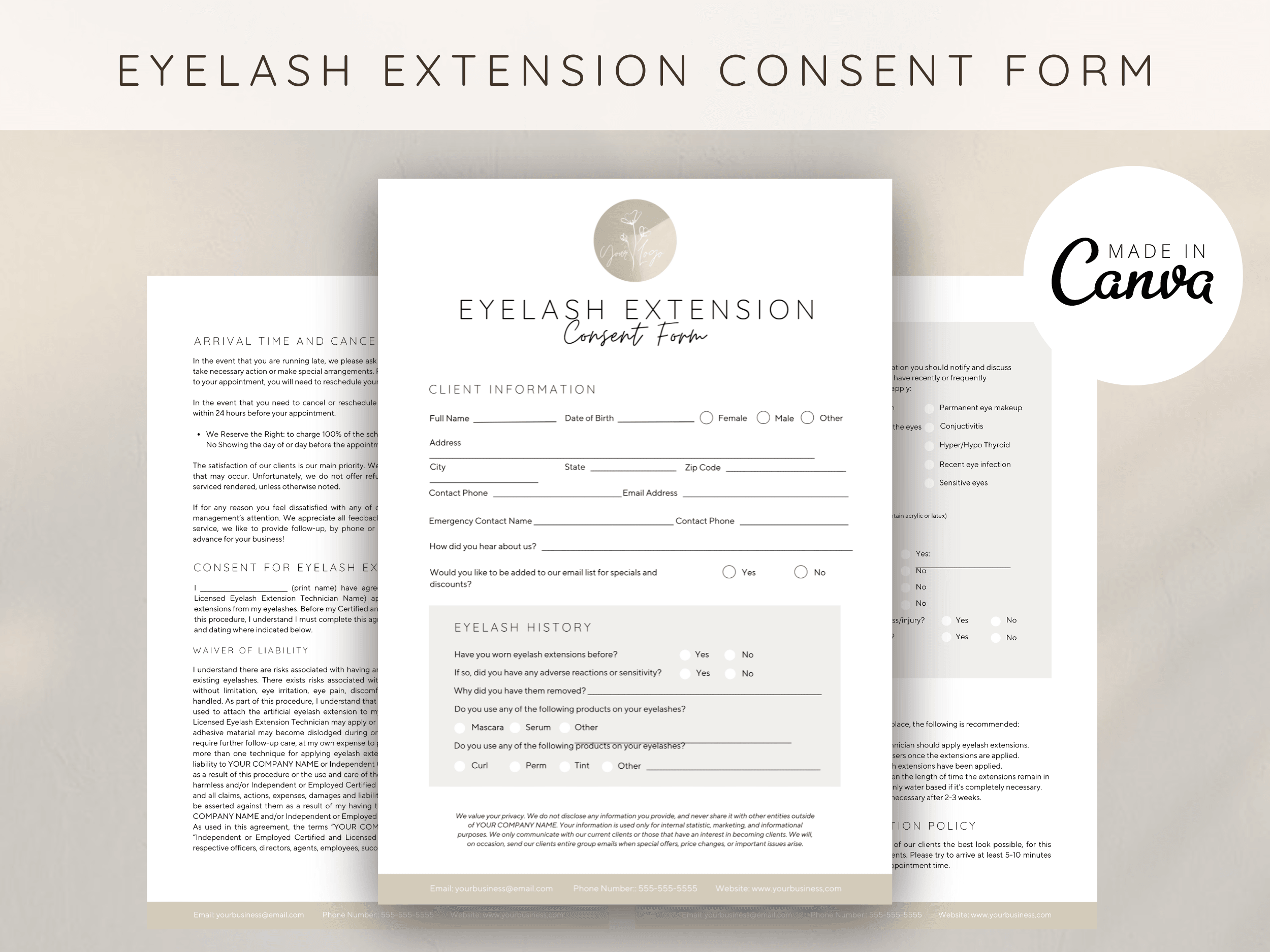 Eyelash Extension Consent Form Editable Canva template - Un-Stripped