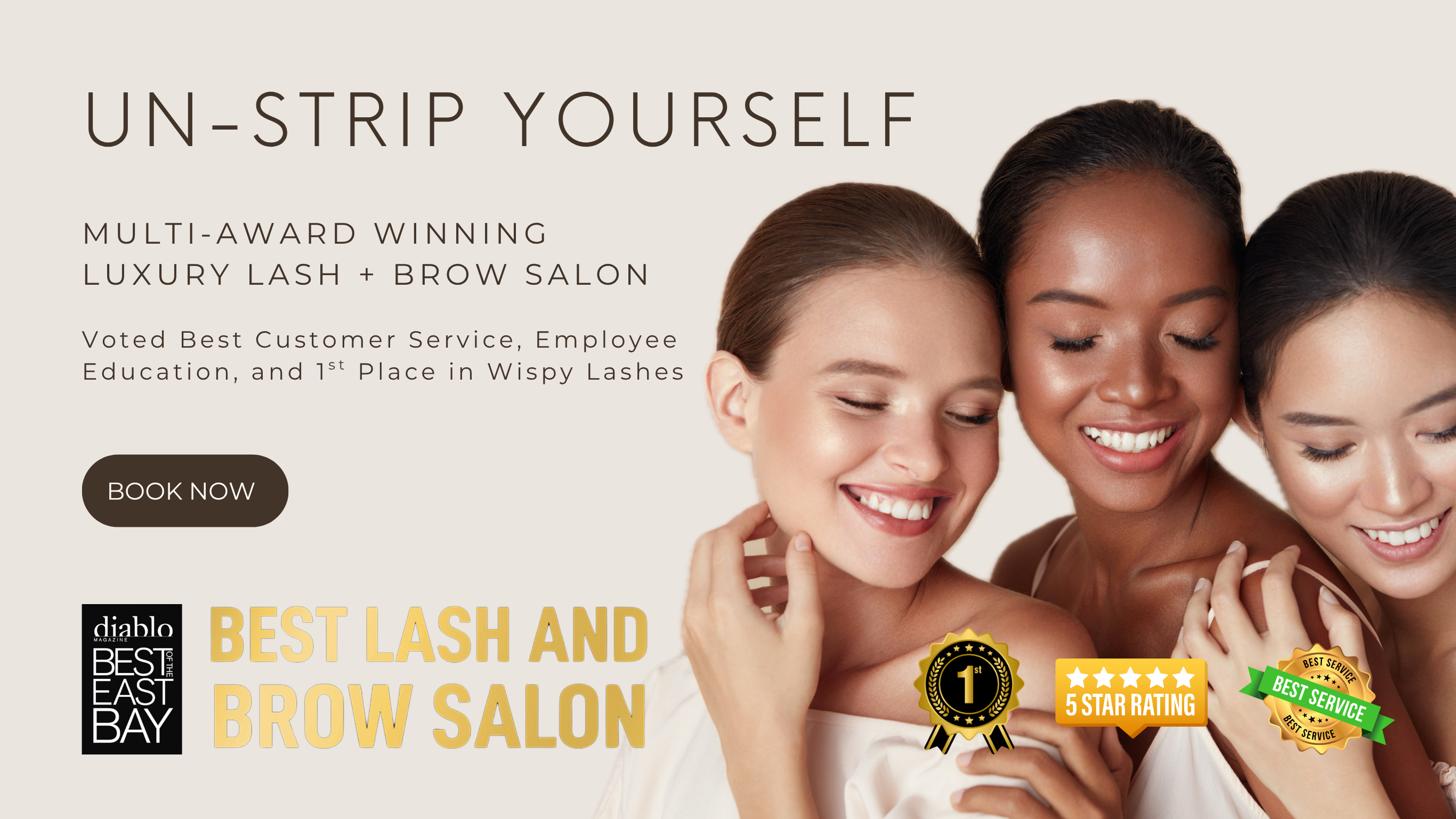 Advertisement for a luxury lash and brow salon with award winning elements in the Bay Area and Martinez, California.